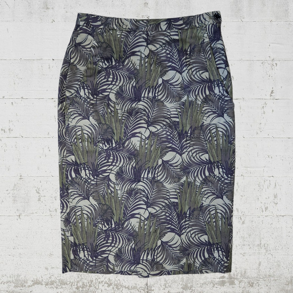 Carine Roitfeld Green Jungle Print Palm Leaf Pencil Uniqlo Midi Skirt Size 2 - Picture 8 of 8